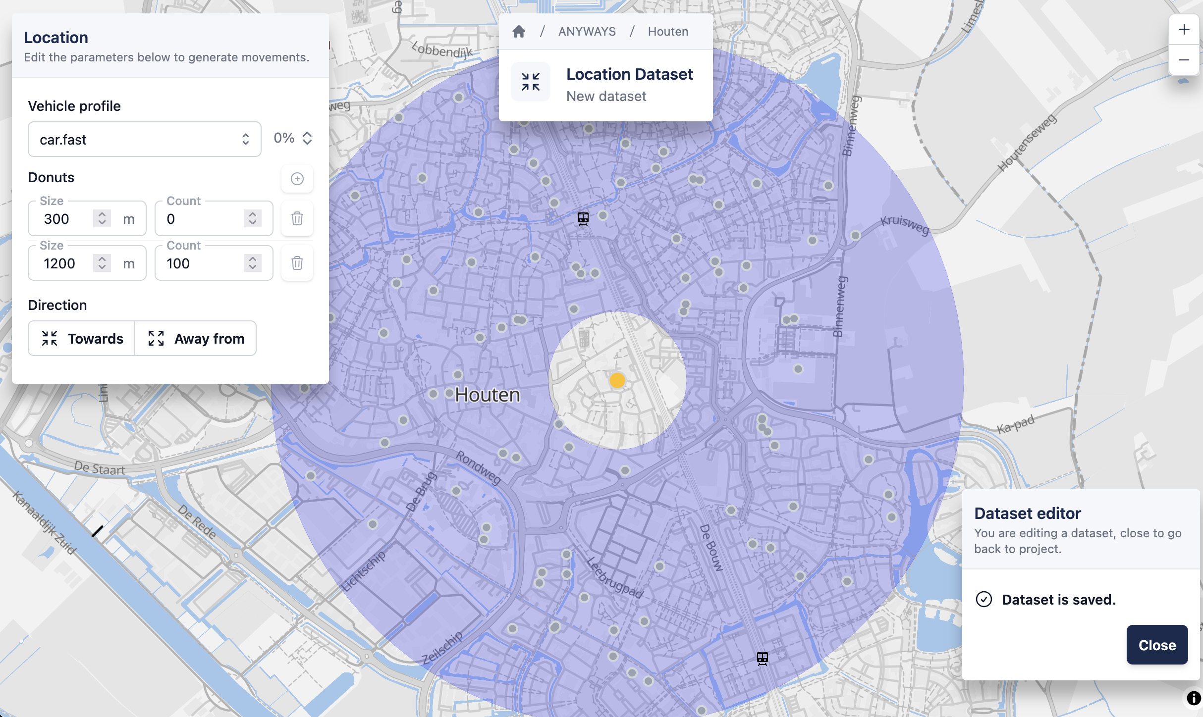 A random locations dataset after a location was selected by clicking on the map.