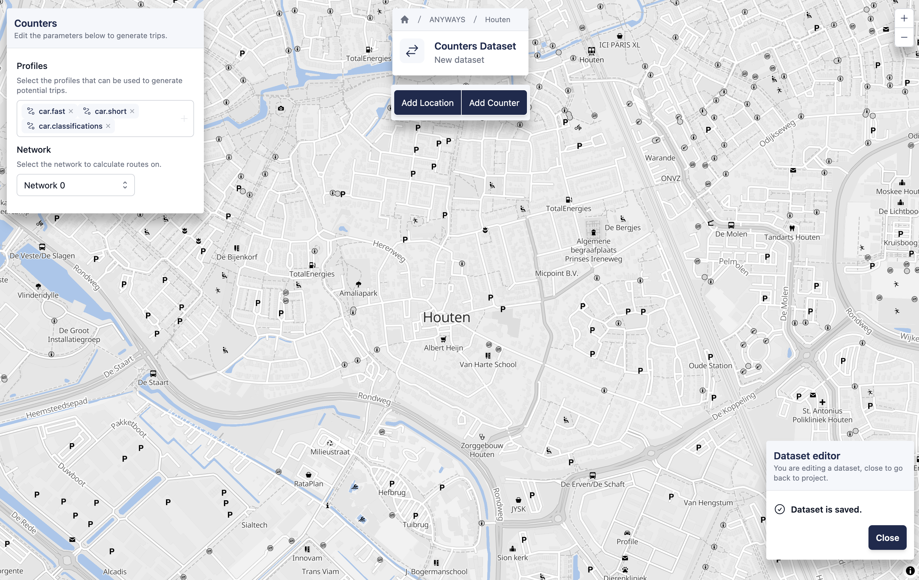 An empty counters dataset with preselected car profiles as potential assignments.