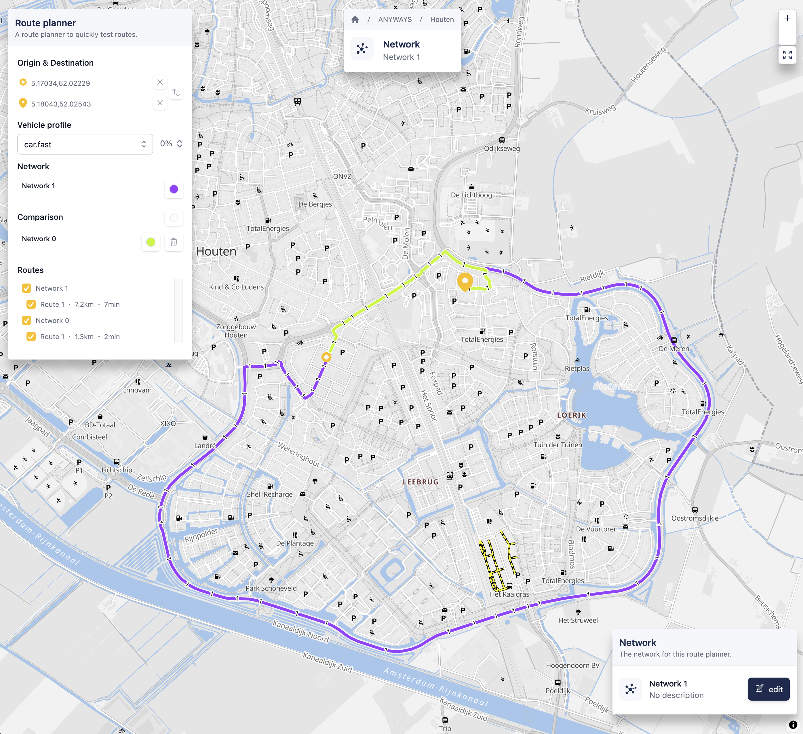 The route planner with two different routes being compared between Network 0 and Network 1.
