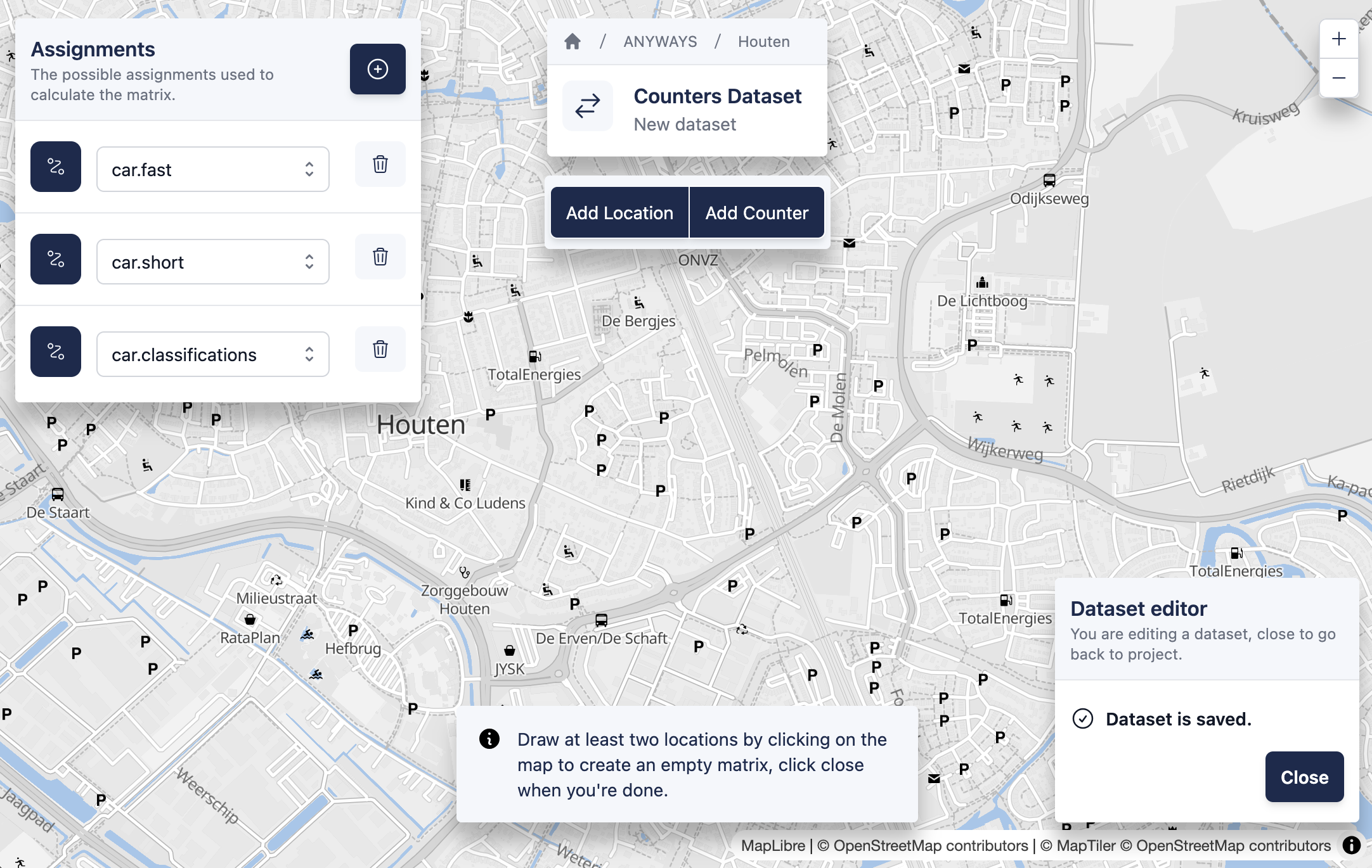 An empty counters dataset with preselected car profiles as potential assignments. 