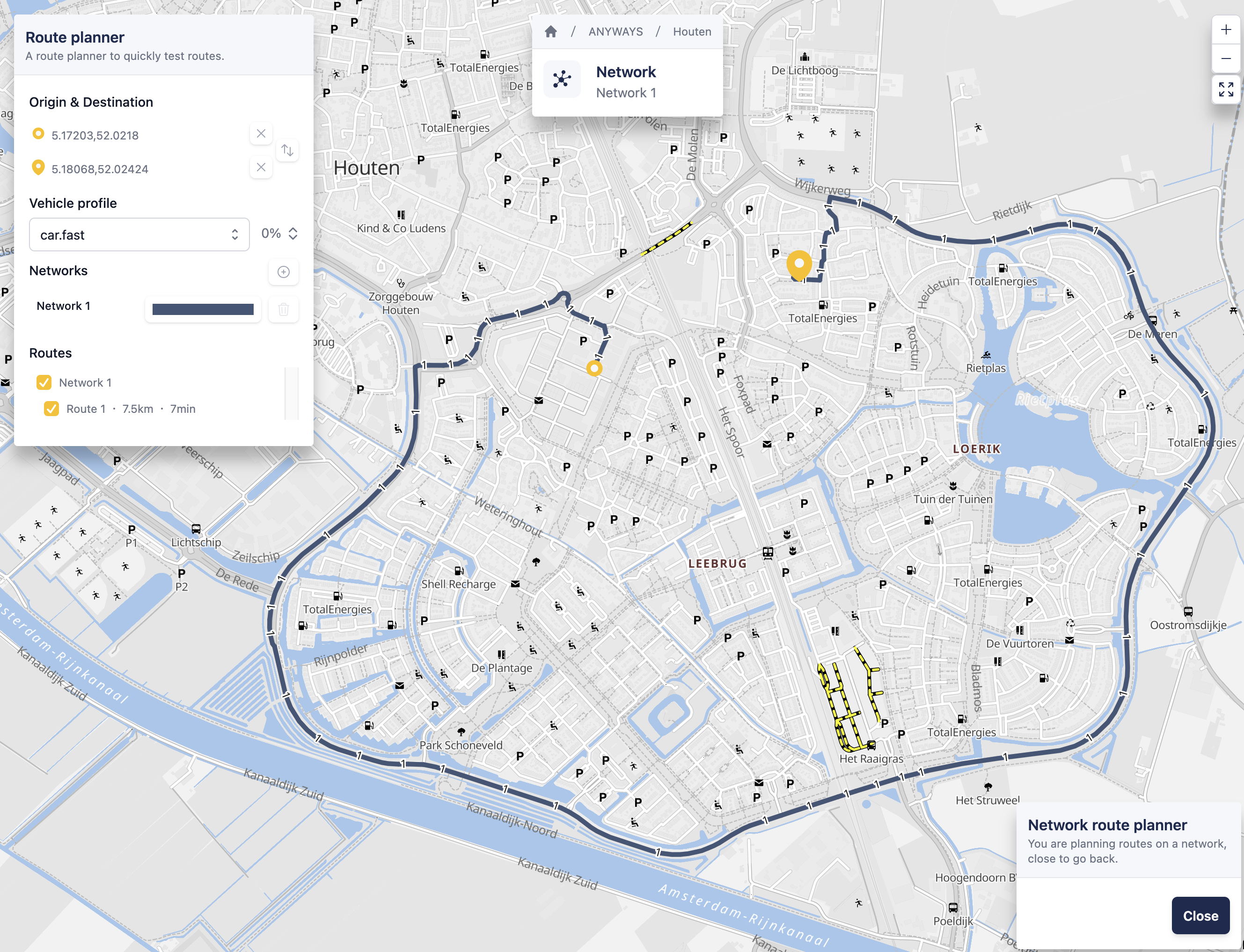 The route planner with a single route shown.