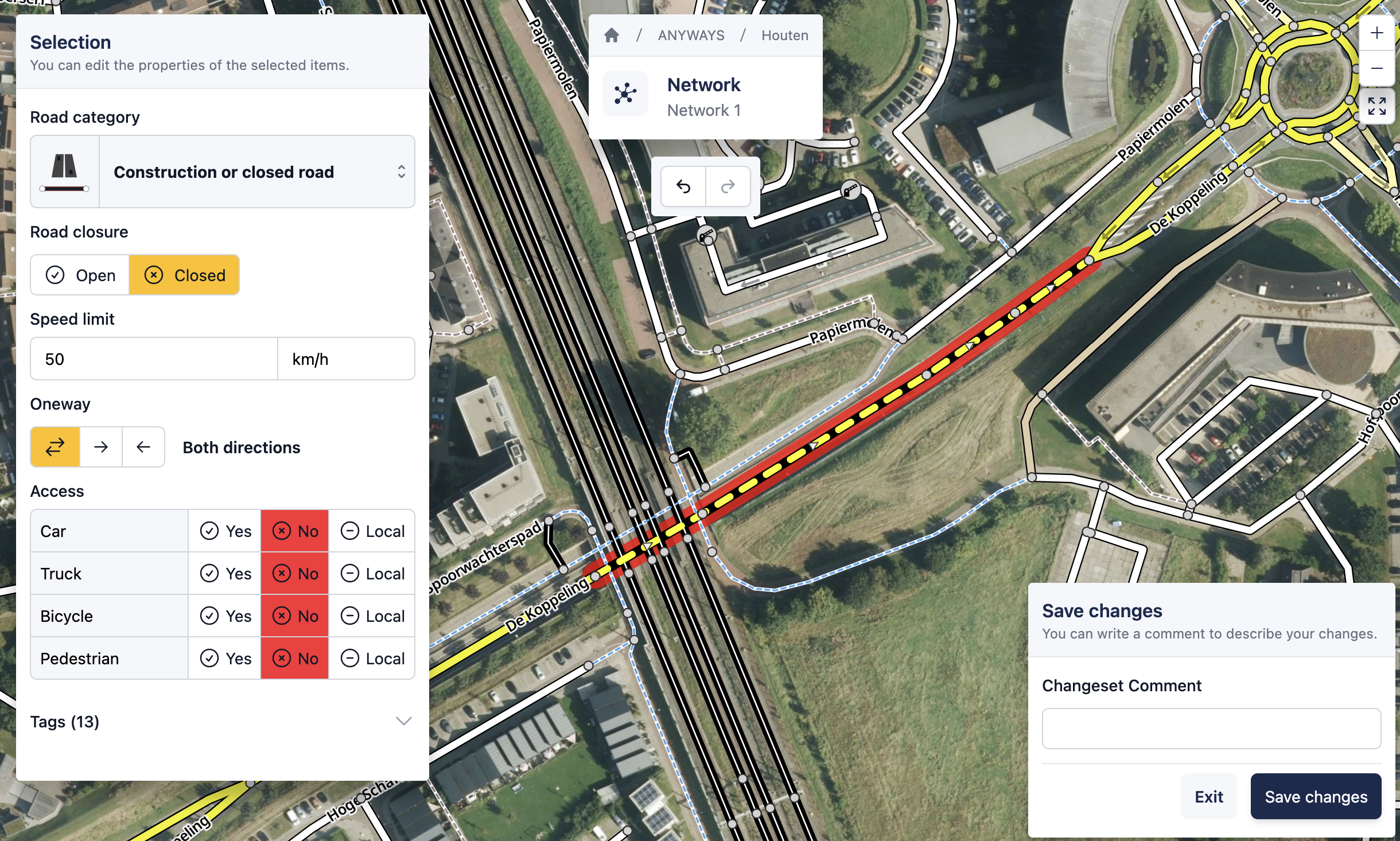 The road network editor open with a road segment selected and set to Closed.