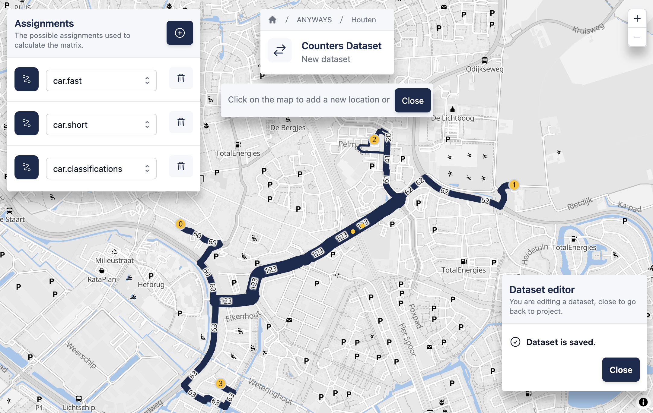 A very simple example of simulated traffic in Houten (NL) based on a single counter and 4 locations.