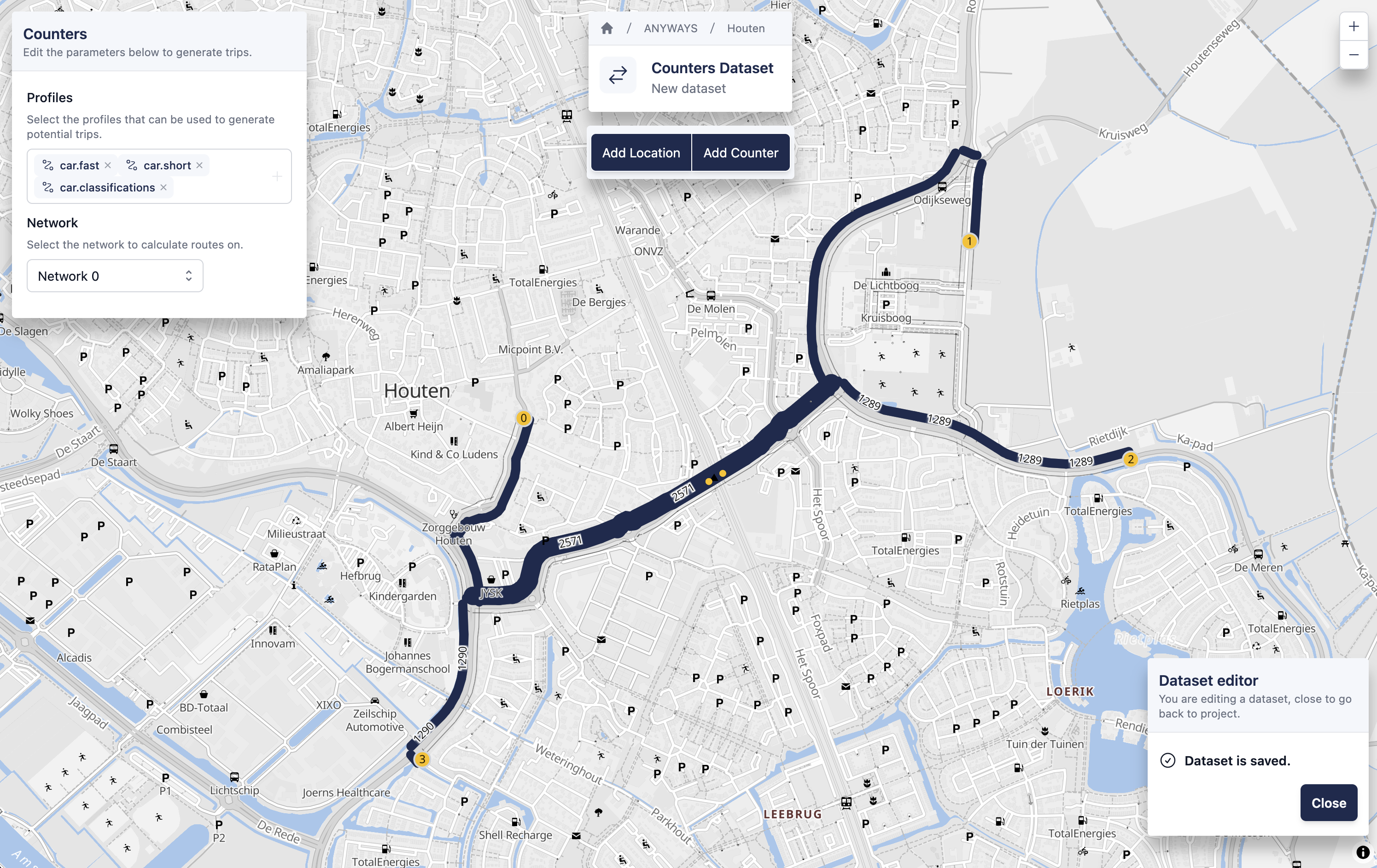 A very simple example of simulated traffic in Houten (NL) based on a single counter and 4 locations.