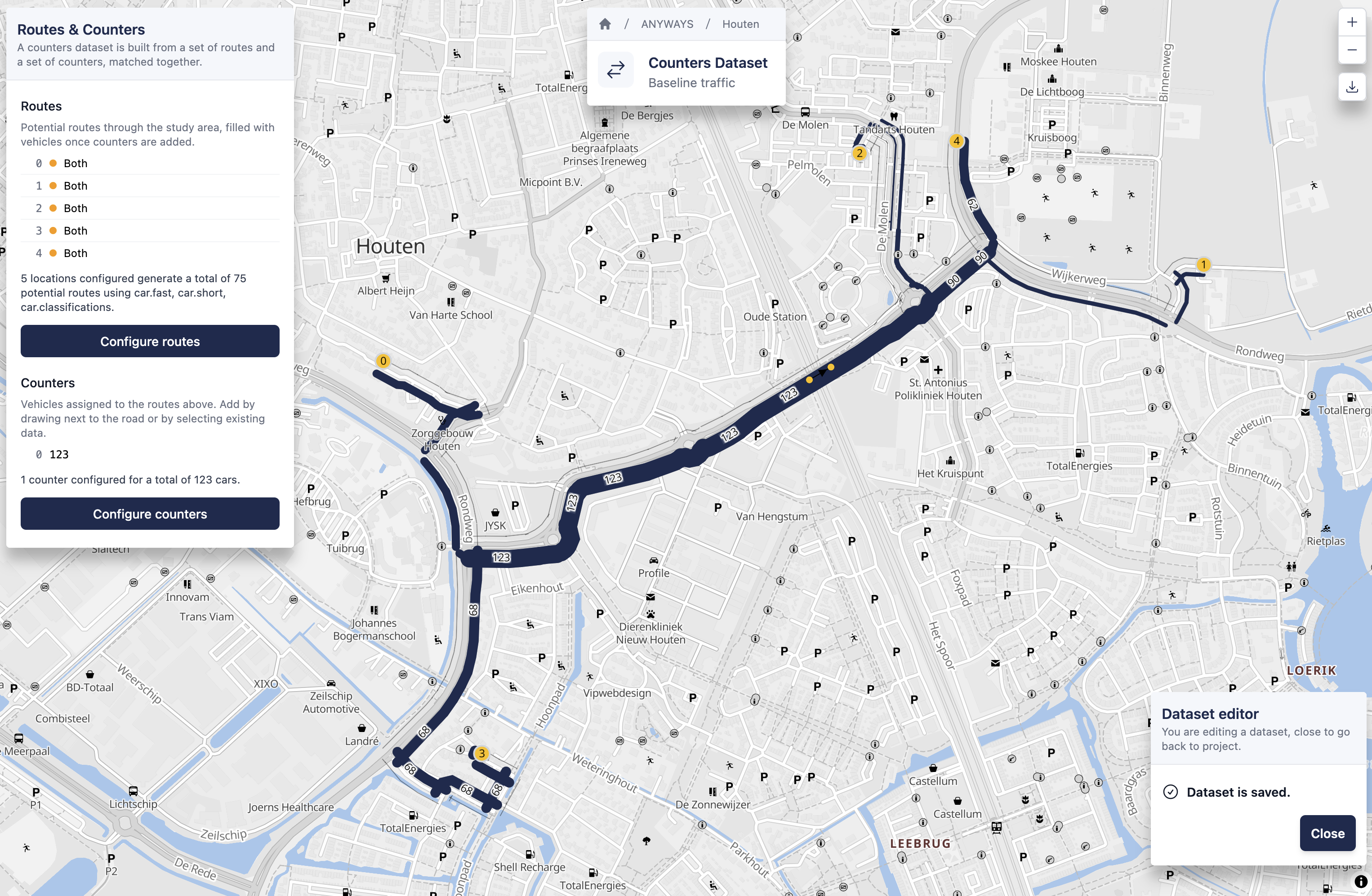 A very simple example of simulated traffic in Houten (NL) based on a single counter and 5 locations.