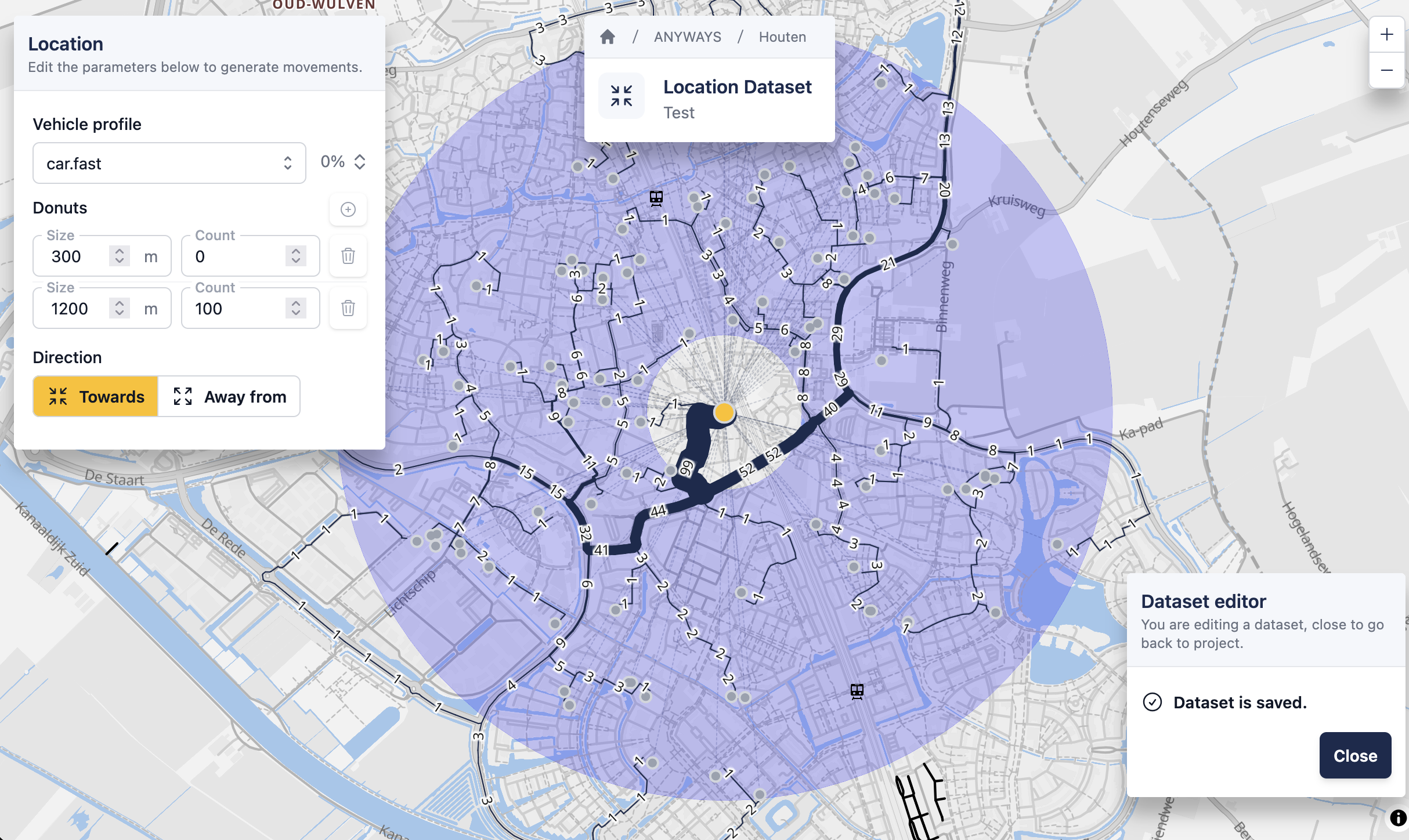 A random locations dataset with everything configured and routes calculated.