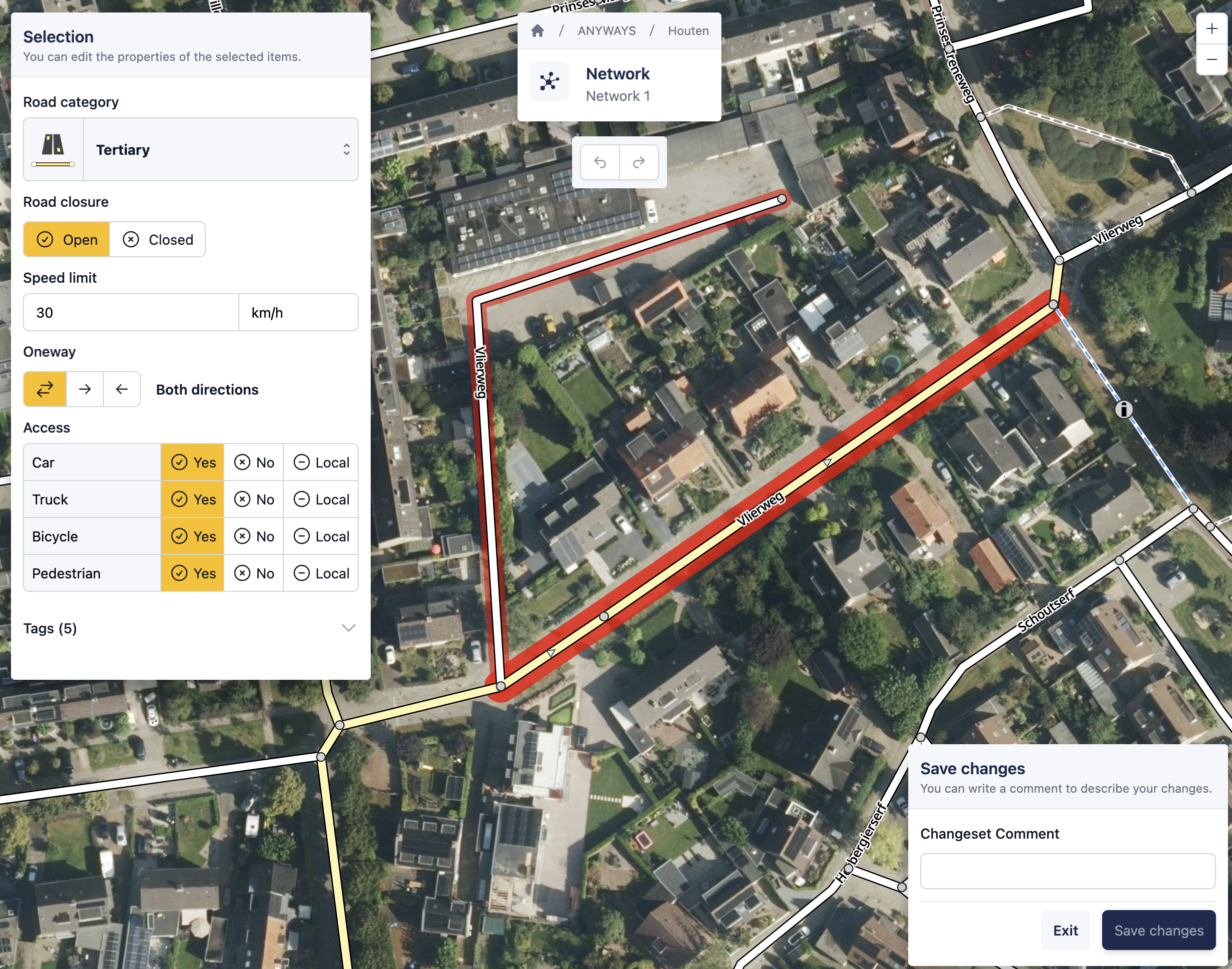 The road network editor with a road segment selected. Properties of the segment can be changed on the left.