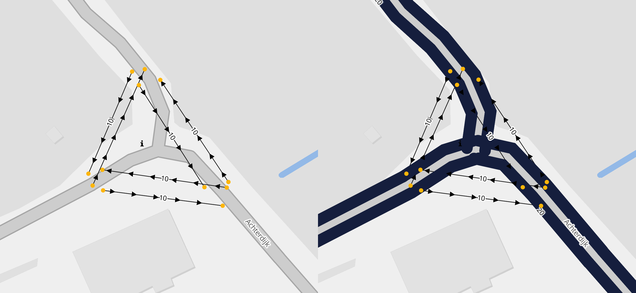 An intersection with traffic counters for every possible turn set to 10. On the feft is the empty network without demand, right is with the demand fitted.