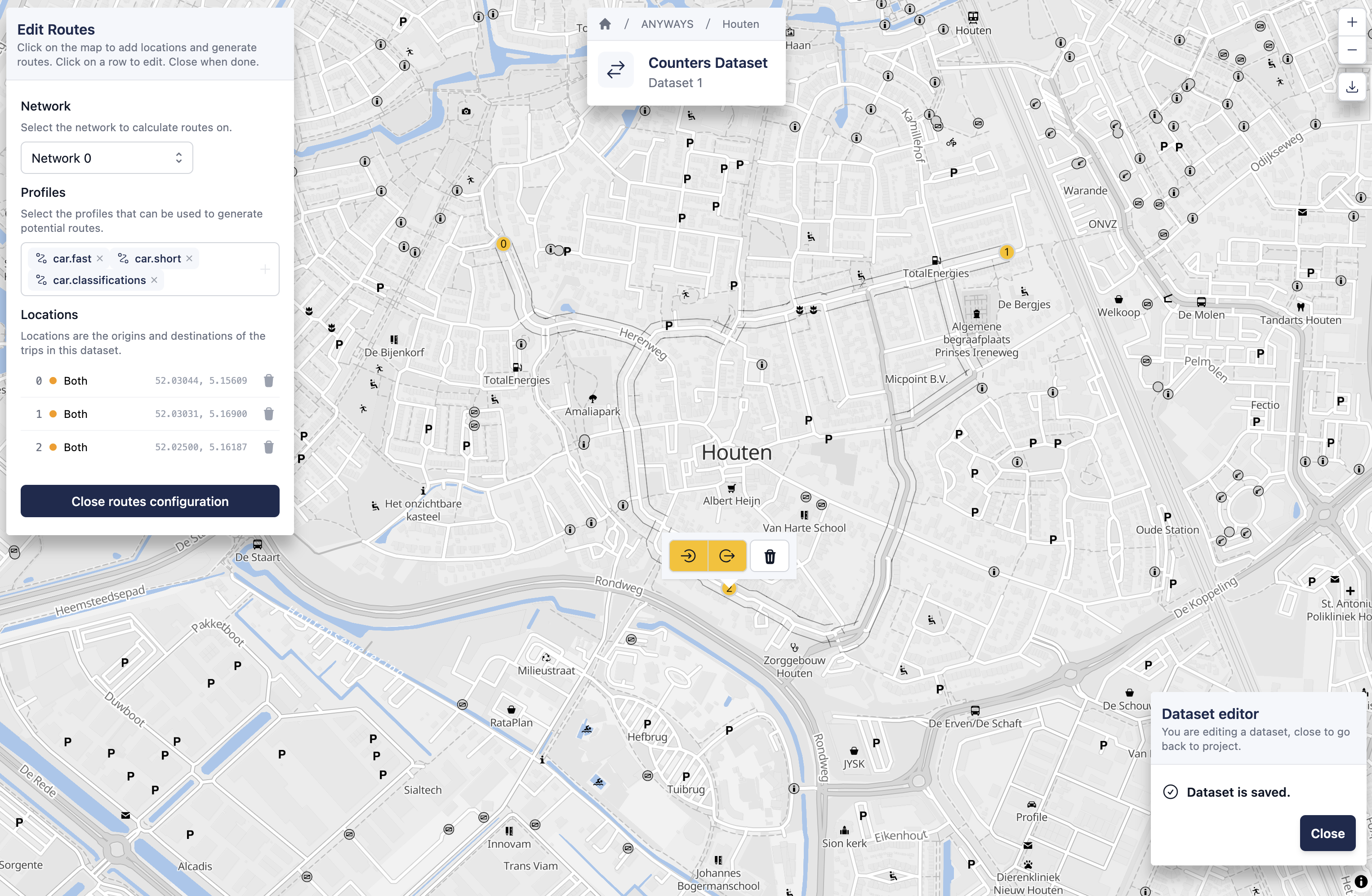 Editing routes with 3 locations setup and all car profiles selected.