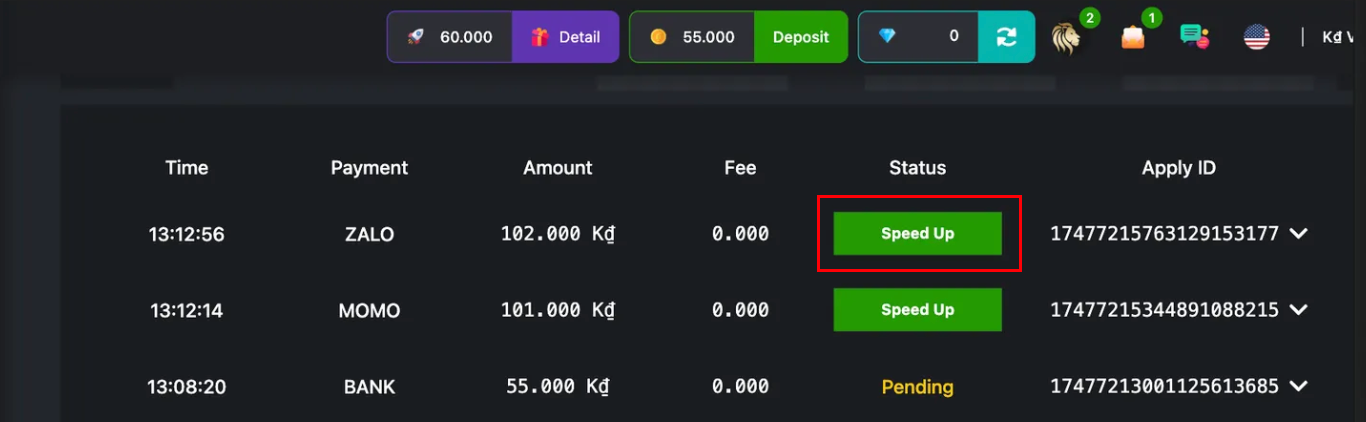 现金网版本画面-Speed up按钮
Web(Cash)version screen - Speed up button