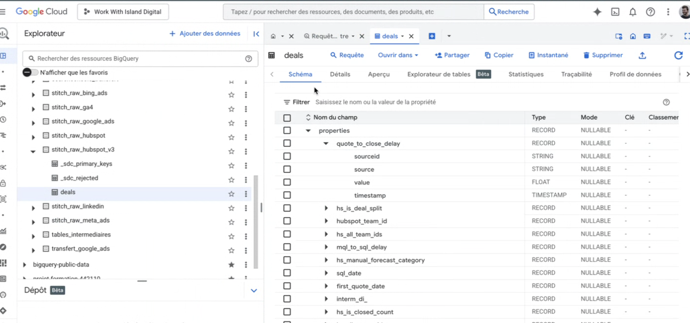 Illustration : structure de la table Hubspot dans BigQuery