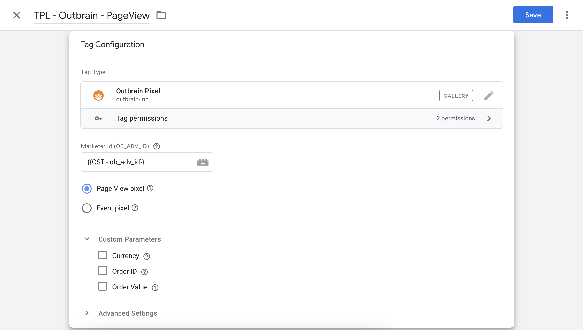 Intégration GTM web du pixel de Page Vue