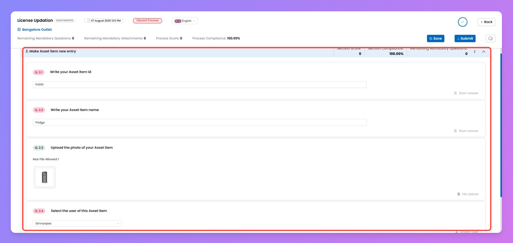 Creating new Asset item by filling process