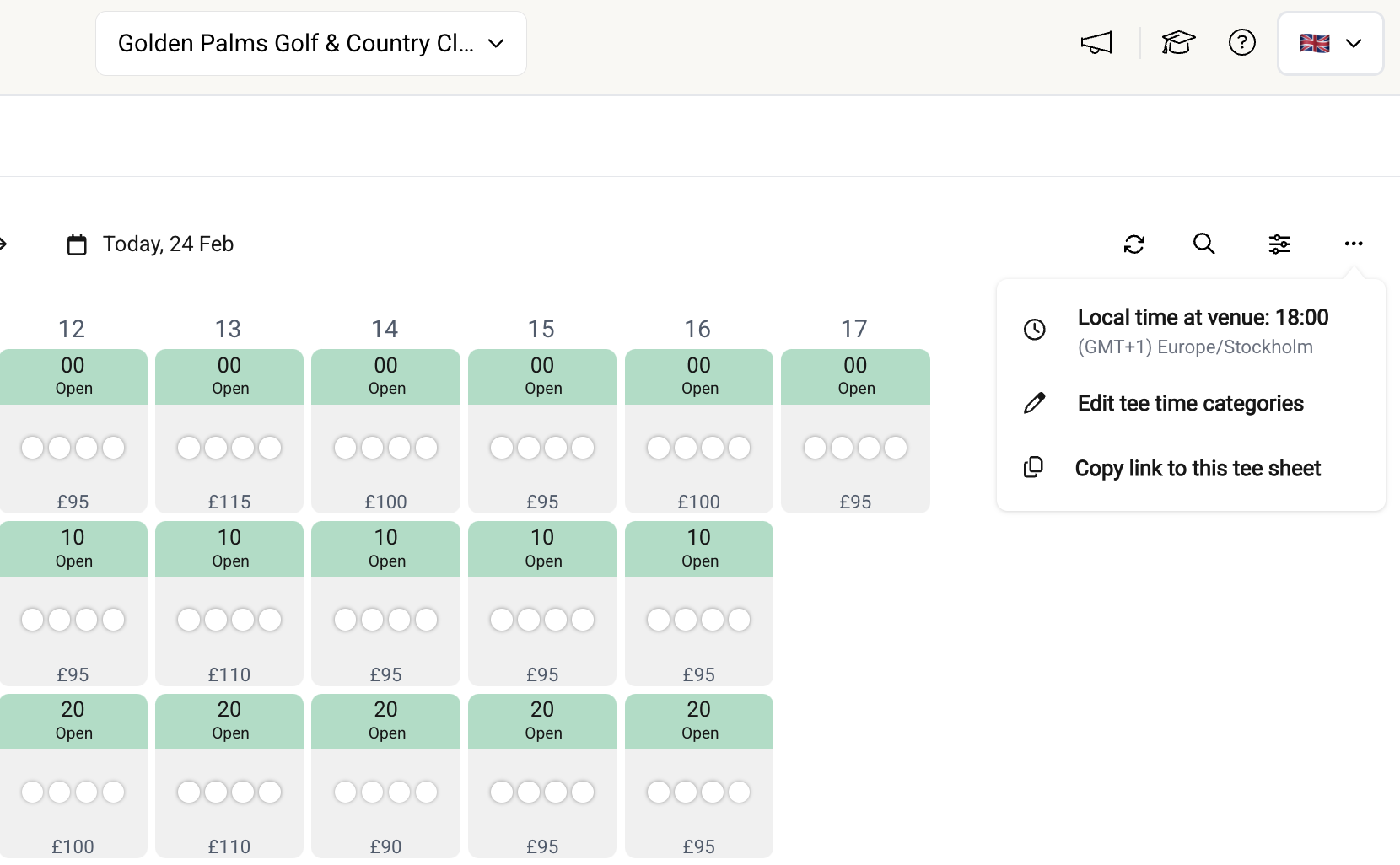 Time, Edit and copy link to tee sheet buttons