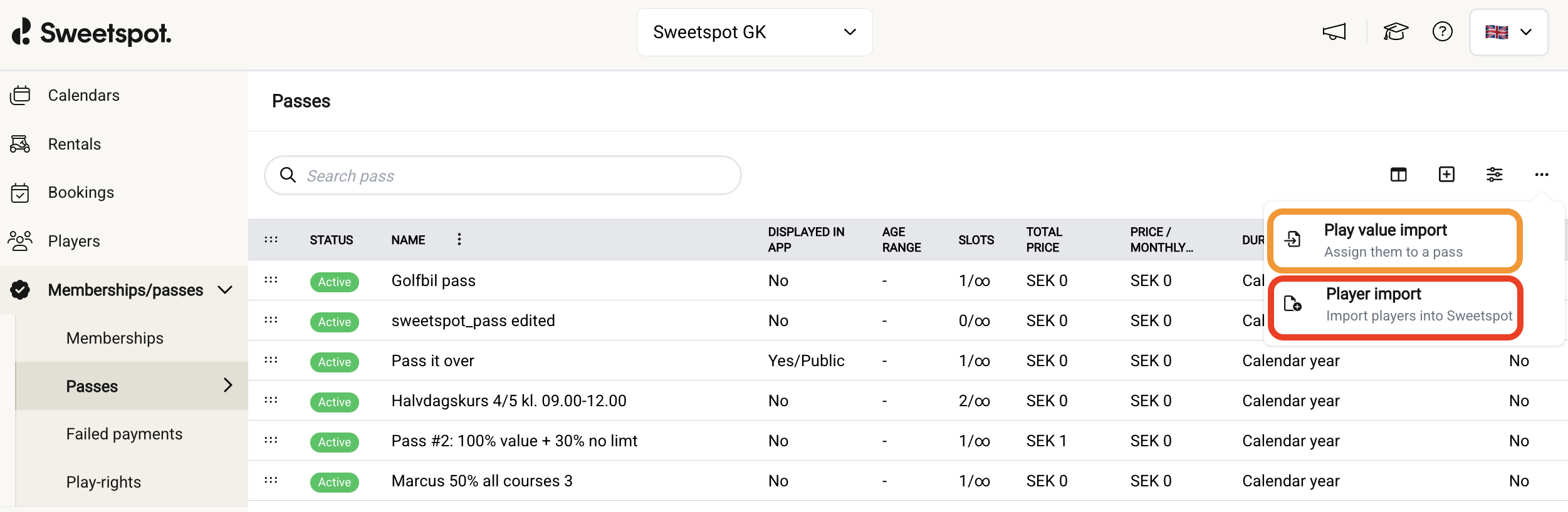IMPORTING OF PLAY VALUE CAN BE FOUND IN TOP RIGHT CORNER OF PASSES TABLE